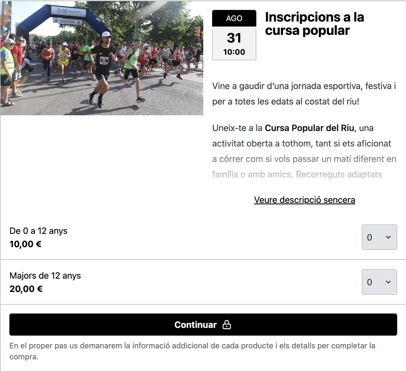 Pàgina de compra d'entrades amb preus diferents segons l'edat