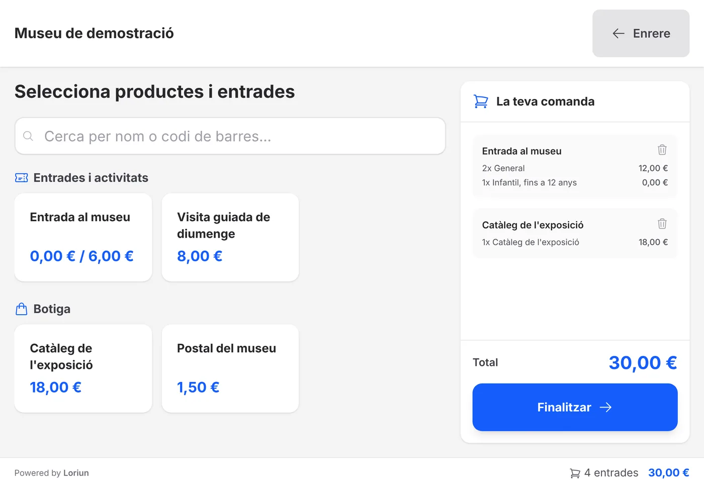 Quiosc de Loriun amb les entrades i la botiga d'un museu i una comanda de 30 €