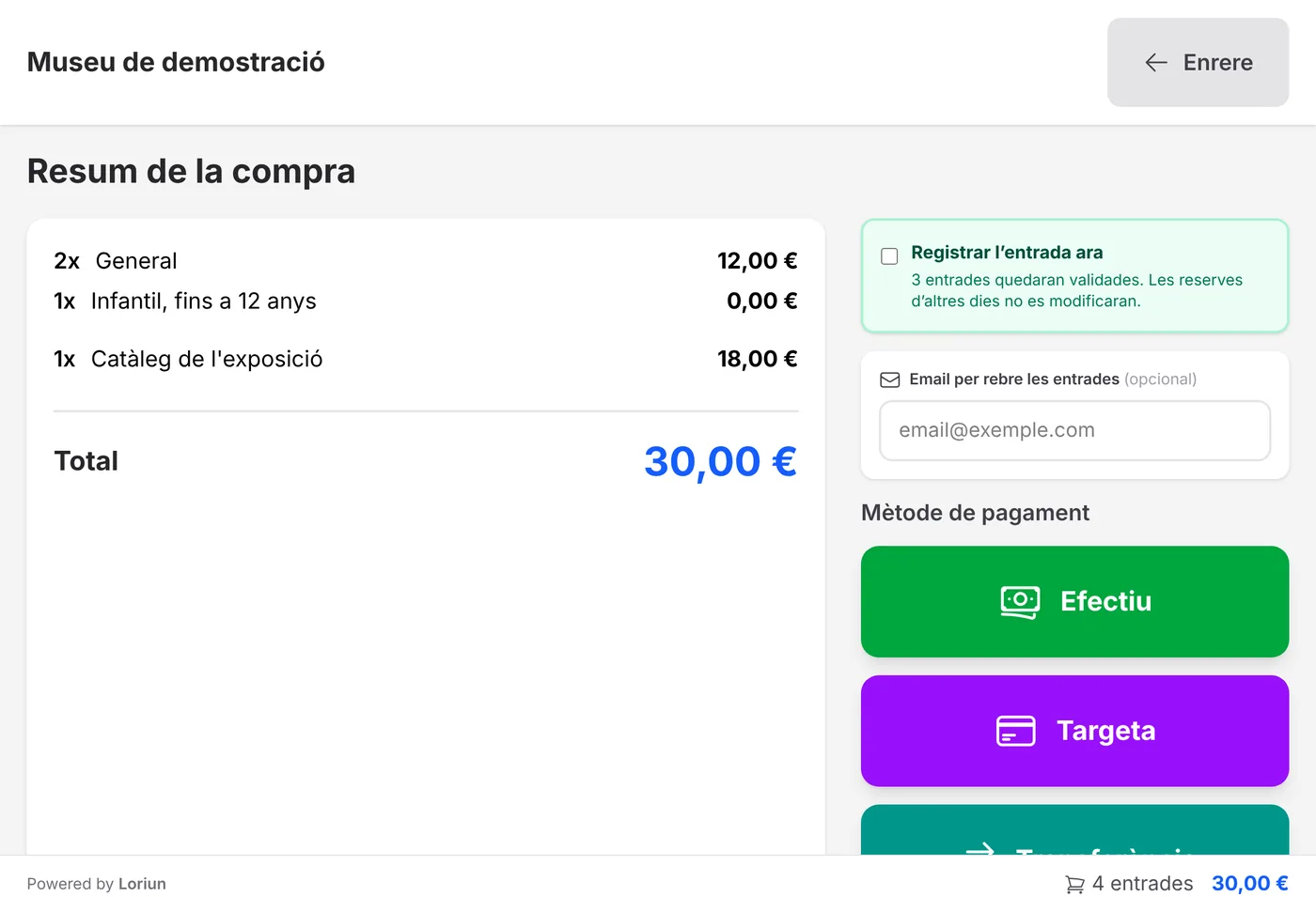 Resum de la compra al quiosc amb els mètodes de pagament: efectiu, targeta i transferència