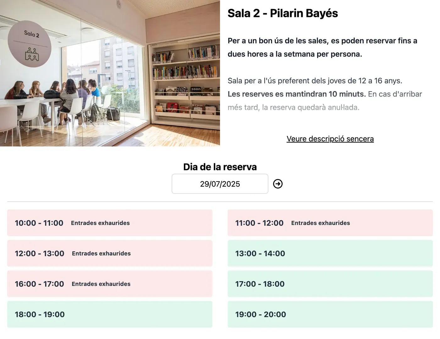 Reserva d'una sala amb les franges disponibles i les exhaurides
